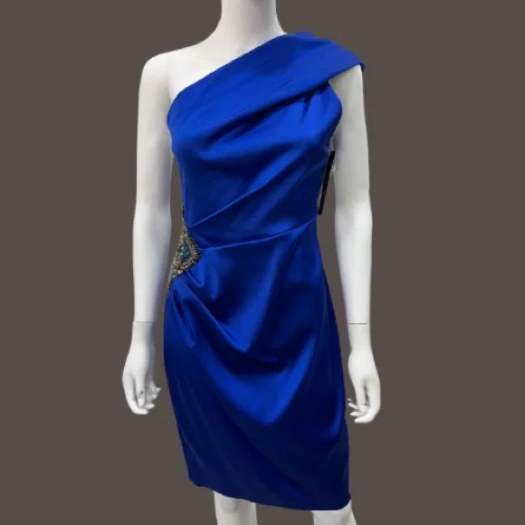 david meister blue dress New David Meister Blue Beaded One Shoulder Cocktail Dress